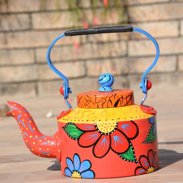 Decorative Red Floral Aluminium Tea Kettle. - Image 3