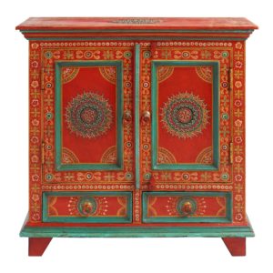 Red Floral Painted Wood Cabinet.