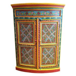 Blue and red painted cupboard.