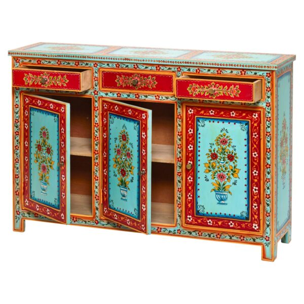 Hand Painted Red and Blue Floral Sideboard. - Image 3