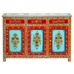 Hand Painted Red and Blue Floral Sideboard.