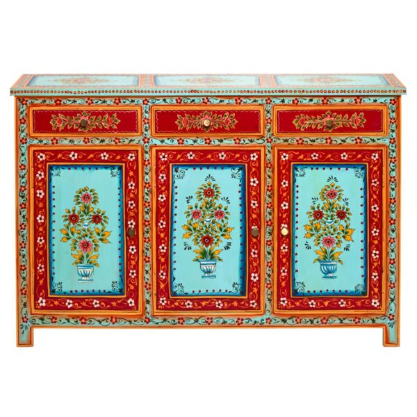 Hand Painted Red and Blue Floral Sideboard.