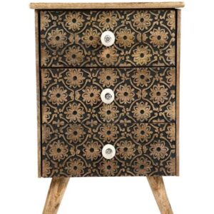 Floral Carved Black Bedside Chest Drawer.
