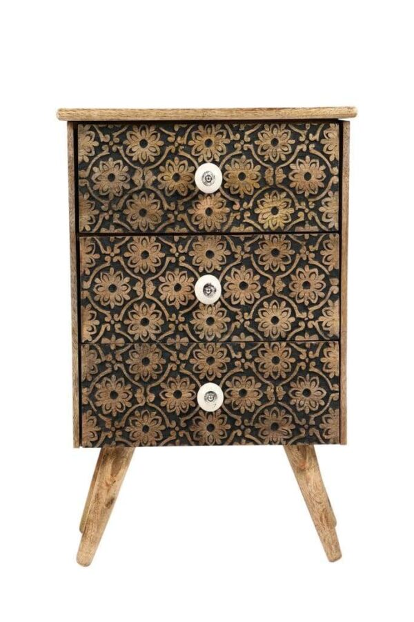 Floral Carved Black Bedside Chest Drawer.