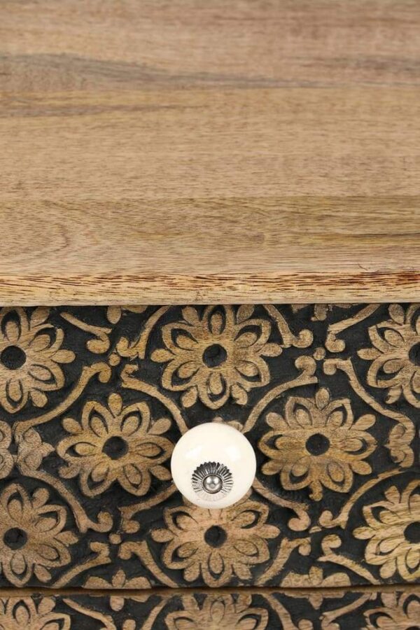 Floral Carved Black Bedside Chest Drawer. - Image 3